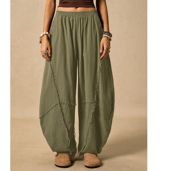 Boho Rust Brown Solid Stretchy waist Pockets Frayed Detail Harem Pants - Picture 5 of 10